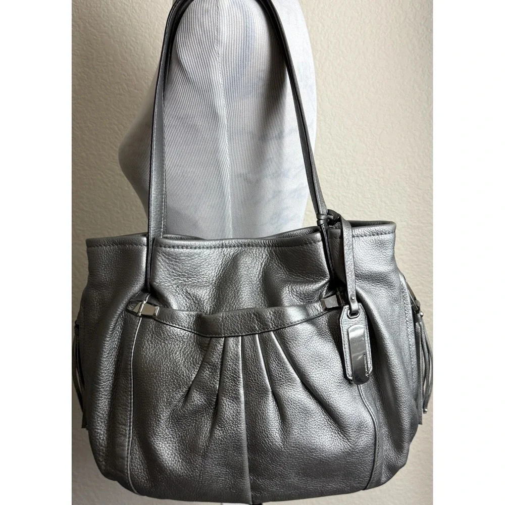 B Makowsky Hobo Handbag‎ Metallic Silver Leather Tasseled Boho Chic Everyday Bag